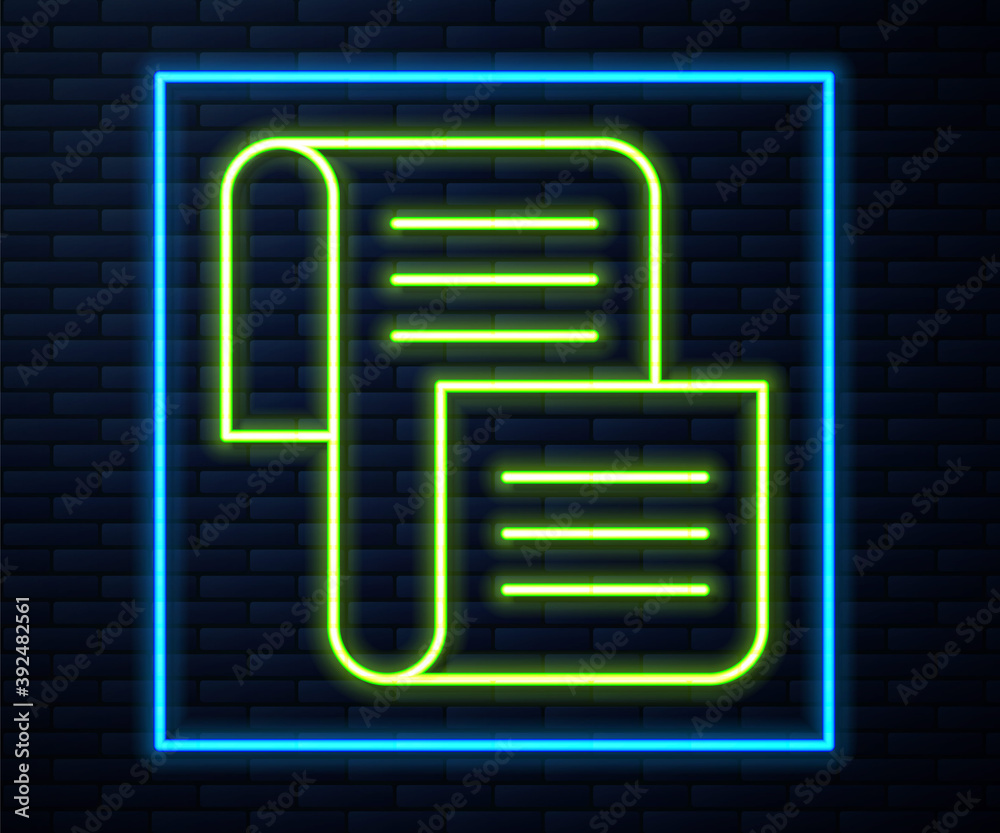 Glowing neon line Decree, paper, parchment, scroll icon icon isolated on brick wall background. Vector. Glowing neon line Decree, paper, parchment, scroll icon icon isolated on brick wall background. Vector.