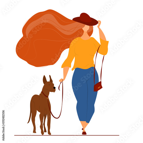 A woman walks with a Great Dane on a leash. Walk in high winds. Isolated on white. Vector in a flat style. Body positive, friendship with a pet. Taking care of the dog.