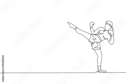 One single line drawing of young energetic muay thai fighter man exercising at gym fitness center vector illustration graphic. Combative thai boxing sport concept. Modern continuous line draw design