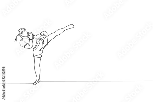 Single continuous line drawing young sportive man training thai boxing at gym club center. Combative muay thai sport concept. Competition event. Trendy one line draw graphic design vector illustration