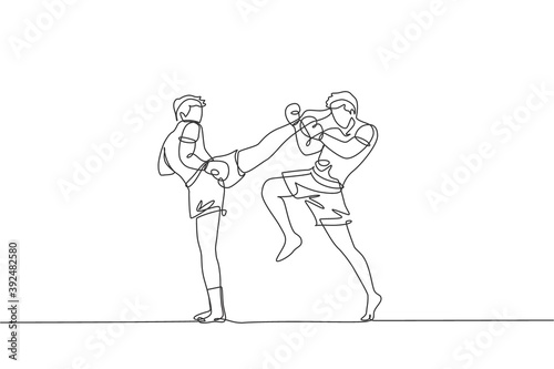 One single line drawing of young energetic muay thai fighter man exercising at gym fitness graphic center vector illustration. Combative thai boxing sport concept. Modern continuous line draw design