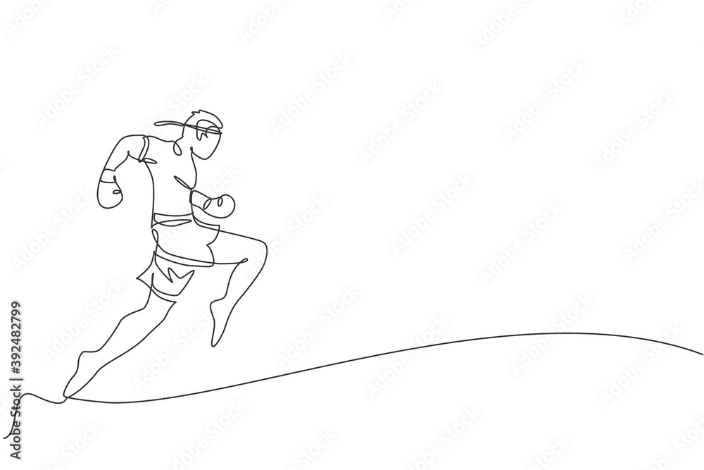 One continuous line drawing of young sporty muay thai boxer man practicing knee kick and flying kick at box arena. Fighting sport game concept. Dynamic single line draw design vector illustration One continuous line drawing of young sporty muay thai boxer man practicing knee kick and flying kick at box arena. Fighting sport game concept. Dynamic single line draw design vector illustration