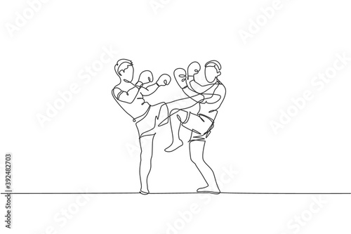 One single line drawing of two young energetic muay thai fighter men exercising at gym fitness center vector illustration. Combative thai boxing sport concept. Modern continuous line draw design © Simple Line