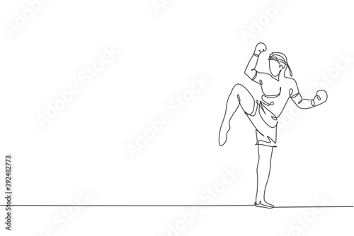 One single line drawing of young energetic muay thai fighter man pose before fighting at gym fitness center vector illustration. Combative thai boxing sport concept. Modern continuous line draw design
