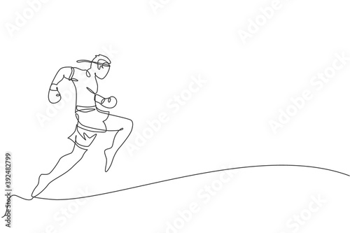 One continuous line drawing of young sporty muay thai boxer man practicing knee kick and flying kick at box arena. Fighting sport game concept. Dynamic single line draw design vector illustration