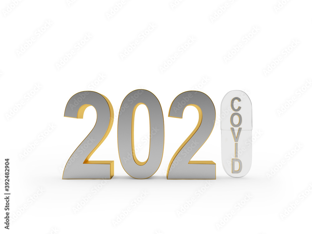 Silver number 2021 and medical capsule with Covid text isolated on white background. 3d illustration Silver number 2021 and medical capsule with Covid text isolated on white background. 3d illustration