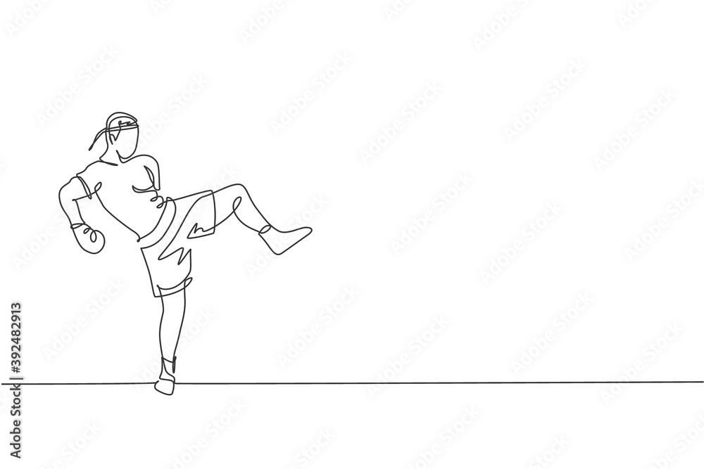 One continuous line drawing of young sporty muay thai boxer man preparing to fight, stance kick at box arena. Fighting sport game concept. Dynamic single line draw graphic design vector illustration