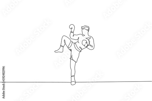 One continuous line drawing of young sporty muay thai boxer man preparing to fight, stance kick at box arena. Fighting sport game concept. Dynamic single line draw design vector illustration graphic