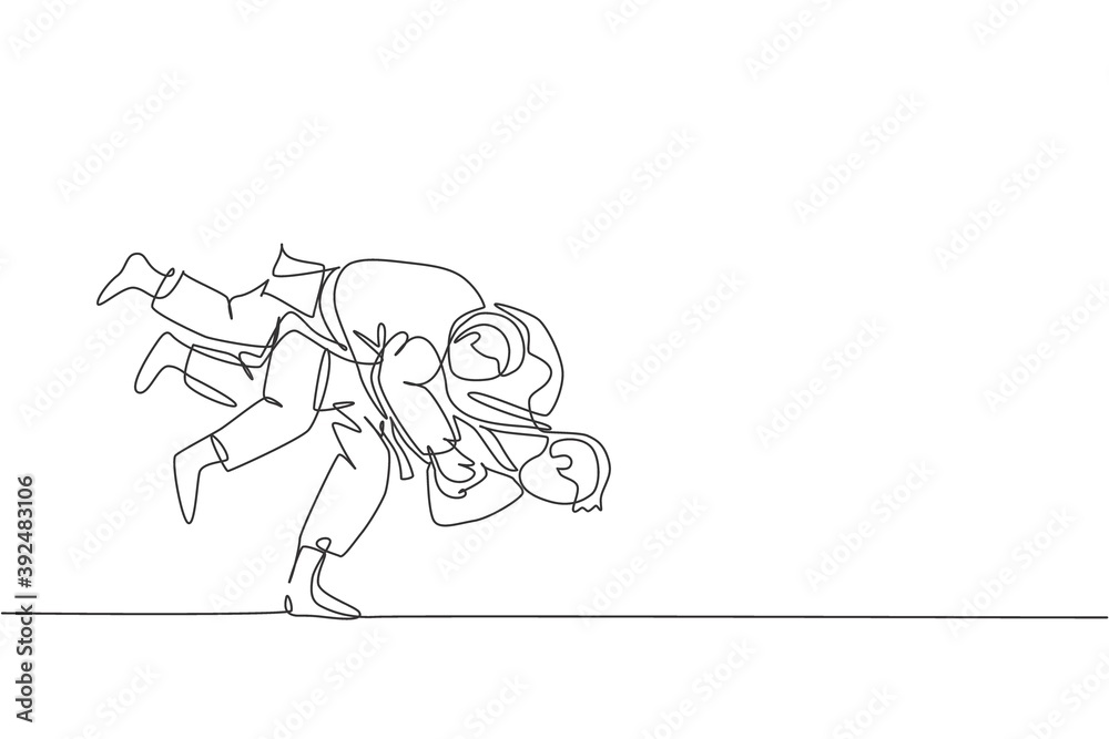Single continuous line drawing of two young sportive judoka fighter men practice judo skill at dojo gym center. Fighting jujitsu, aikido sport concept. Trendy one line draw design vector illustration Single continuous line drawing of two young sportive judoka fighter men practice judo skill at dojo gym center. Fighting jujitsu, aikido sport concept. Trendy one line draw design vector illustration