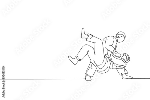 One continuous line drawing of two young sporty men training judo technique at sport hall. Jiu jitsu battle fight sport competition concept. Dynamic single line draw graphic design vector illustration