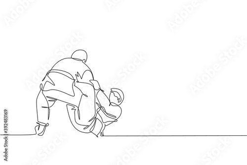 One single line drawing of two young energetic judokas fighter men battle fighting at gym center graphic vector illustration. Martial art sport competition concept. Modern continuous line draw design