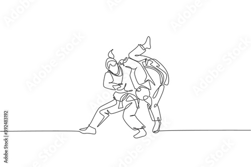 One continuous line drawing two young sporty women training judo technique at sports hall. Jiu jitsu battle fight sport competition concept. Dynamic single line draw design graphic vector illustration