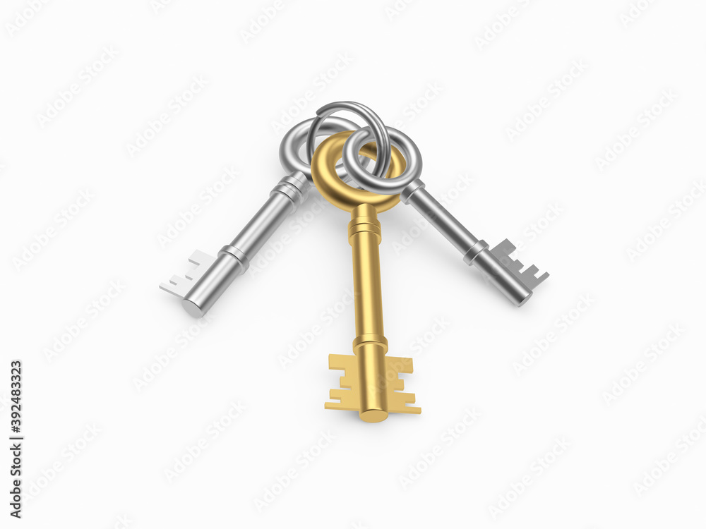 Gold and silver keys on a keychain isolated on a white background. 3D illustration Gold and silver keys on a keychain isolated on a white background. 3D illustration