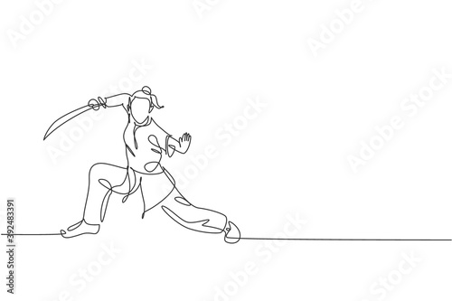 Fotografie, Tablou One single line drawing of young woman on kimono exercise wushu martial art, kung fu technique with sword on gym center vector illustration