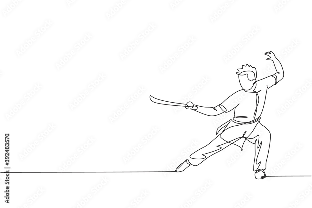 One continuous line drawing of young wushu master man, kung fu warrior in kimono with sword on training. Martial art sport contest concept. Dynamic single line draw design graphic vector illustration