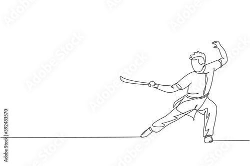 One continuous line drawing of young wushu master man, kung fu warrior in kimono with sword on training. Martial art sport contest concept. Dynamic single line draw design graphic vector illustration