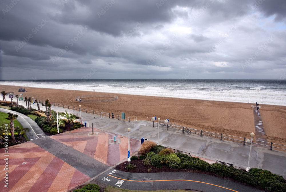 View from Virginia Beach, Virginia hotel of Atlantic Ocean beach on blustery day.