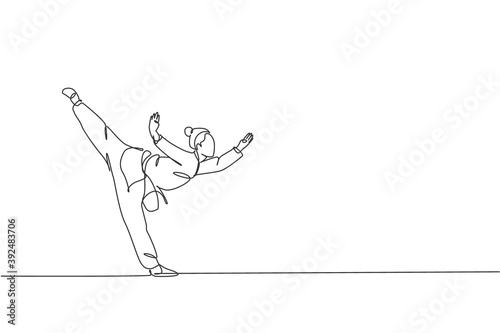 One single line drawing of young woman on kimono exercise wushu and kung fu stance balance technique on gym center vector illustration. Fighting martial art sport concept. Continuous line draw design