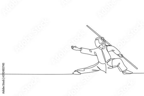 One continuous line drawing of young wushu master woman, kung fu warrior in kimono with long staff on training. Martial art sport contest concept. Dynamic single line draw design vector illustration