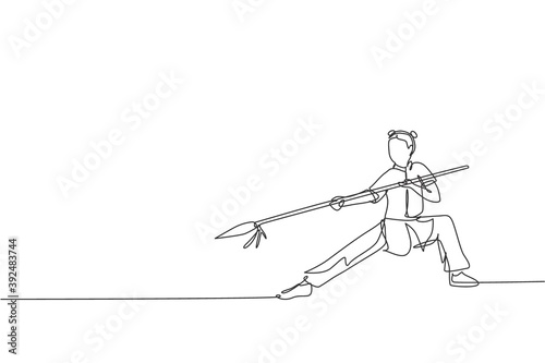 One continuous line drawing of young wushu master woman kung fu warrior in kimono with spear on training. Martial art sport contest concept. Dynamic single line draw design vector graphic illustration