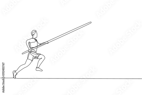 One continuous line drawing of young sporty man practicing pole vault jump in the field. Healthy athletic sport concept. Championship event. Dynamic single line draw design graphic vector illustration