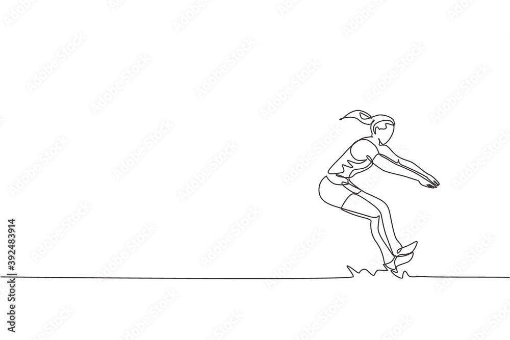 One single line drawing of young energetic woman exercise to land on sand pool after long jump vector illustration. Health athletic sport concept. Competition event. Modern continuous line draw design