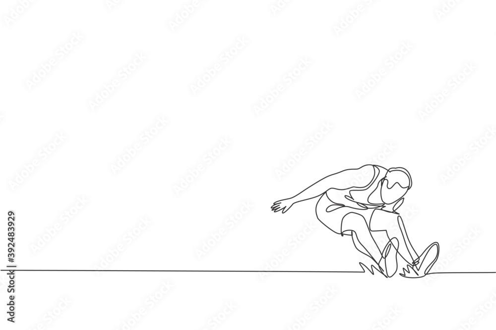 One continuous line drawing of young sporty man practicing to land on sand pool after long jump. Healthy athletic sport concept. Championship event. Dynamic single line draw design vector illustration One continuous line drawing of young sporty man practicing to land on sand pool after long jump. Healthy athletic sport concept. Championship event. Dynamic single line draw design vector illustration