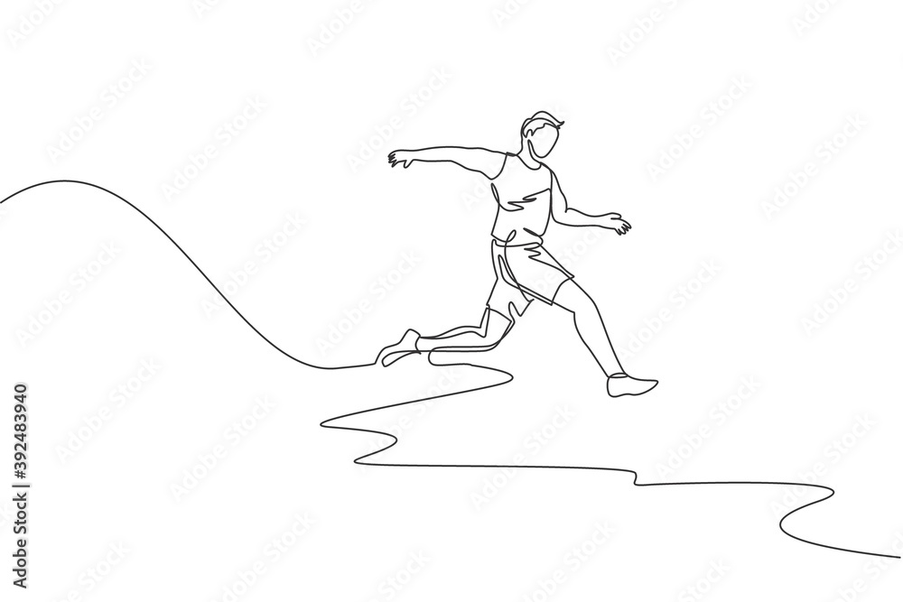 Single continuous line drawing of young sportive man training ling jump in the stadium field. Healthy athletic sport concept. Tournament event. Trendy one line draw design graphic vector illustration
