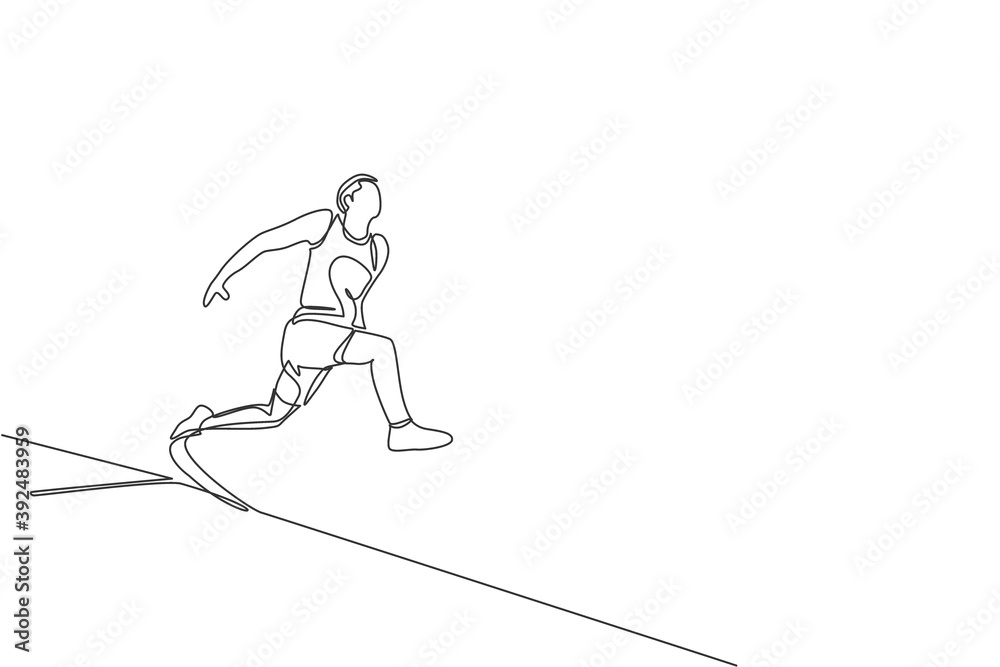 One single line drawing of young sporty man exercise running before long jump into sand pool vector illustration. Healthy athletic sport concept. Competition event. Modern continuous line draw design