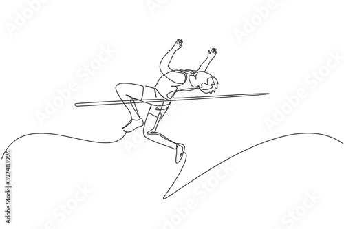 One continuous line drawing of young sporty man practicing high jump games in the field. Healthy athletic sport concept. Championship event. Dynamic single line draw design vector illustration graphic
