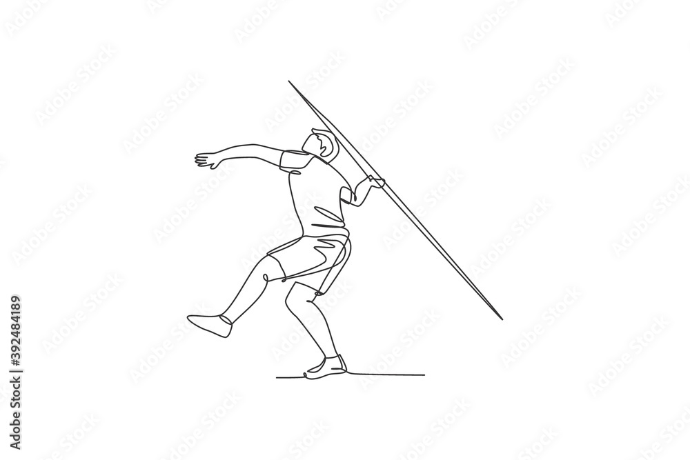 One single line drawing of young energetic man exercise aiming javelin throw to target area graphic vector illustration. Healthy lifestyle athletic sport concept. Modern continuous line draw design