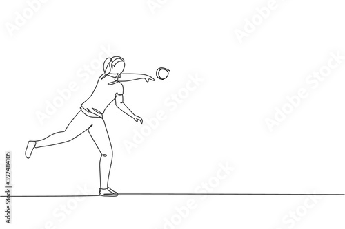 Single continuous line drawing of young sportive woman practice to powerfully throw shot put on the court stadium. Athletic games sport concept. Trendy one line draw design vector graphic illustration