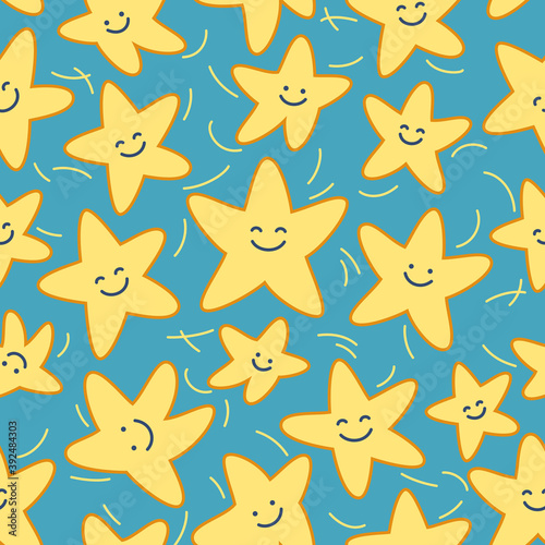 Smiling yellow stars. Seamless pattern for nursery. Playful agile stars dancing.