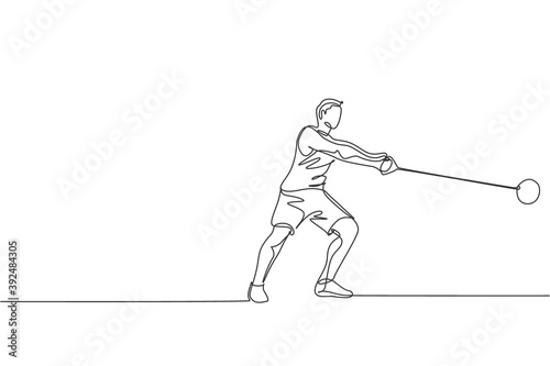 Single continuous line drawing young sportive man practice to swing hammer before throwing to the court stadium. Athletic games sport concept. Trendy one line draw graphic design vector illustration