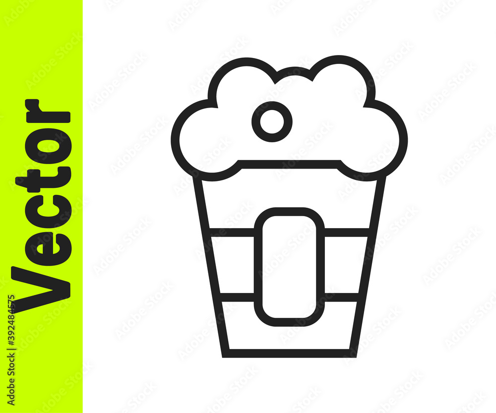 Black line Popcorn in cardboard box icon isolated on white background. Popcorn bucket box. Vector. Black line Popcorn in cardboard box icon isolated on white background. Popcorn bucket box. Vector.