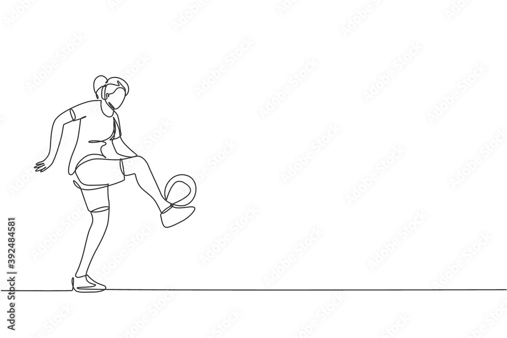 One continuous line drawing of young sporty woman soccer freestyler player practice ball juggling in the street. Football freestyle sport concept. Dynamic single line draw design vector illustration