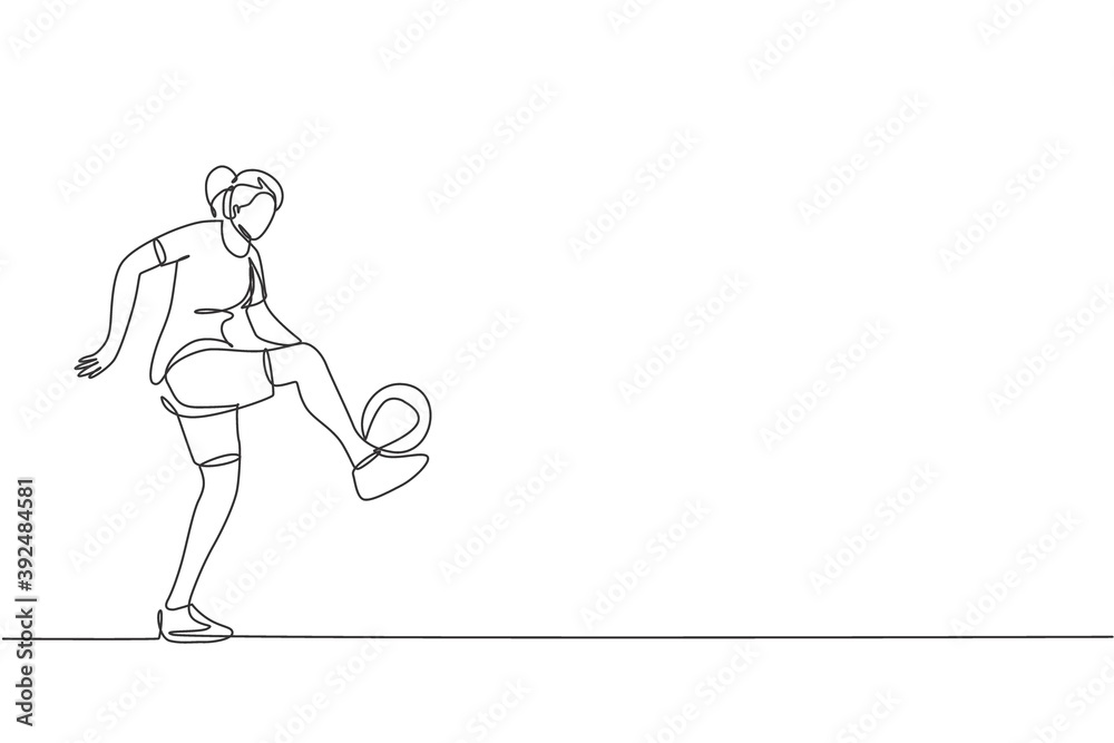 One continuous line drawing of young sporty woman soccer freestyler player practice ball juggling in the street. Football freestyle sport concept. Dynamic single line draw design vector illustration One continuous line drawing of young sporty woman soccer freestyler player practice ball juggling in the street. Football freestyle sport concept. Dynamic single line draw design vector illustration
