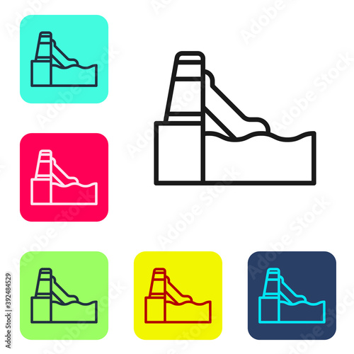 Black line Water slide with pool icon isolated on white background. Aquapark. Set icons in color square buttons. Vector.
