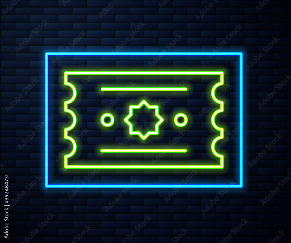 Glowing neon line Ticket icon isolated on brick wall background. Amusement park. Vector. Glowing neon line Ticket icon isolated on brick wall background. Amusement park. Vector.