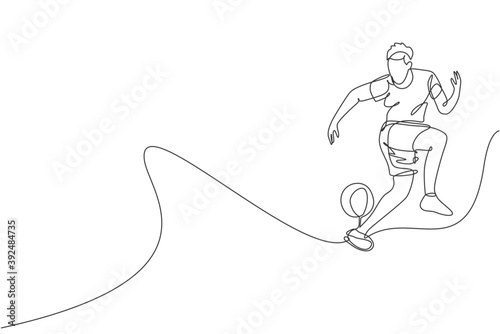 One single line drawing of young man perform soccer freestyle, jump juggling ball with heel at city square vector illustration. Football freestyler sport concept. Modern continuous line draw design