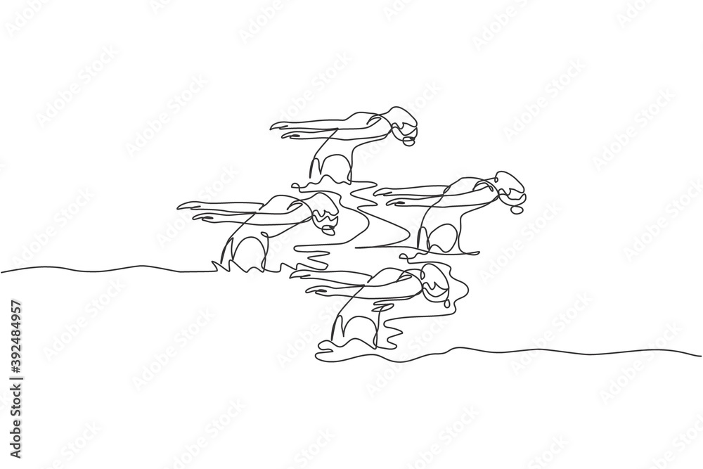 Fototapeta premium One single line drawing of young beauty women swimmer performing synchronized routine of elaborate moves in the water vector illustration. Team water sport event concept. Modern continuous line draw