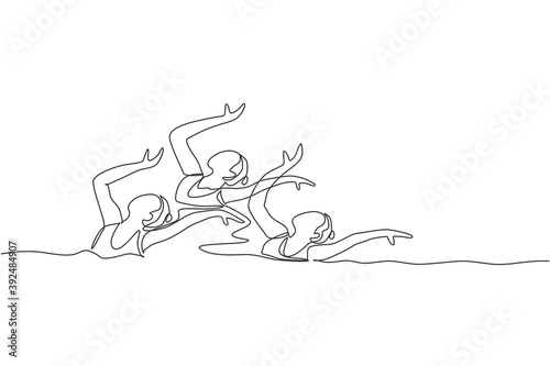 One single line drawing of young beauty women swimmer performing synchronized routine of elaborate moves in the water vector illustration. Team water sport event concept. Modern continuous line draw