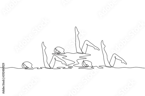 Single continuous line drawing young sportive women perform beautiful synchronized swimming choreography. Group water sport competition concept. Trendy one line draw design vector graphic illustration