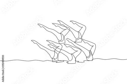 One continuous line drawing of young sporty women synchronized swimmer perform beauty leg movement in the water pool. Healthy fitness sport concept. Dynamic single line draw design vector illustration