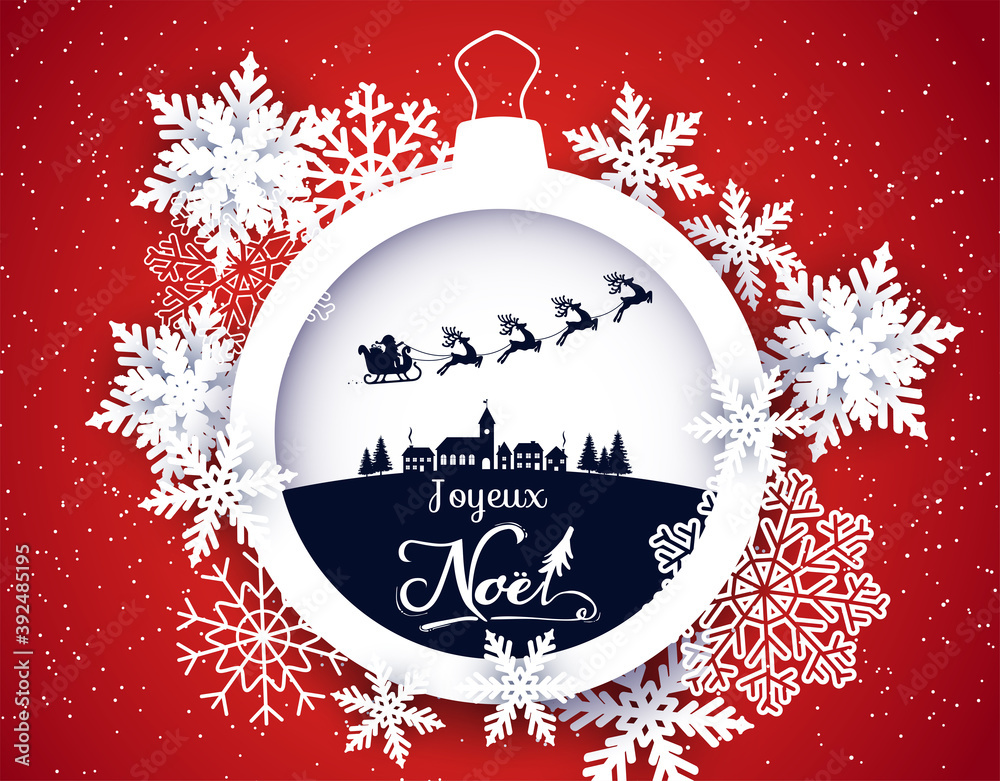 carte ou bandeau sur Joyeux Noël en blanc dans une boule de Noël avec un village  et le traineau du père Noël en bleu et autour des flocons de neige sur un fond rouge 