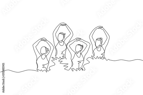 One continuous line drawing of young sporty women synchronized swimmer perform beauty movement in the water pool. Healthy fitness sport concept. Dynamic single line draw design vector illustration