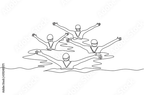 One single line drawing of young beauty women swimmer performing synchronized routine of elaborate moves in the water vector illustration. Team water sport event concept. Modern continuous line draw