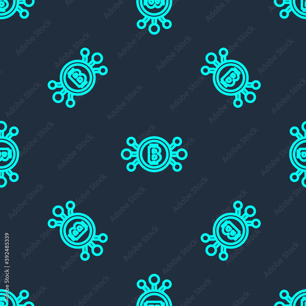 Green line Cryptocurrency bitcoin in circle with microchip circuit icon isolated seamless pattern on blue background. Blockchain technology, digital money market. Vector.