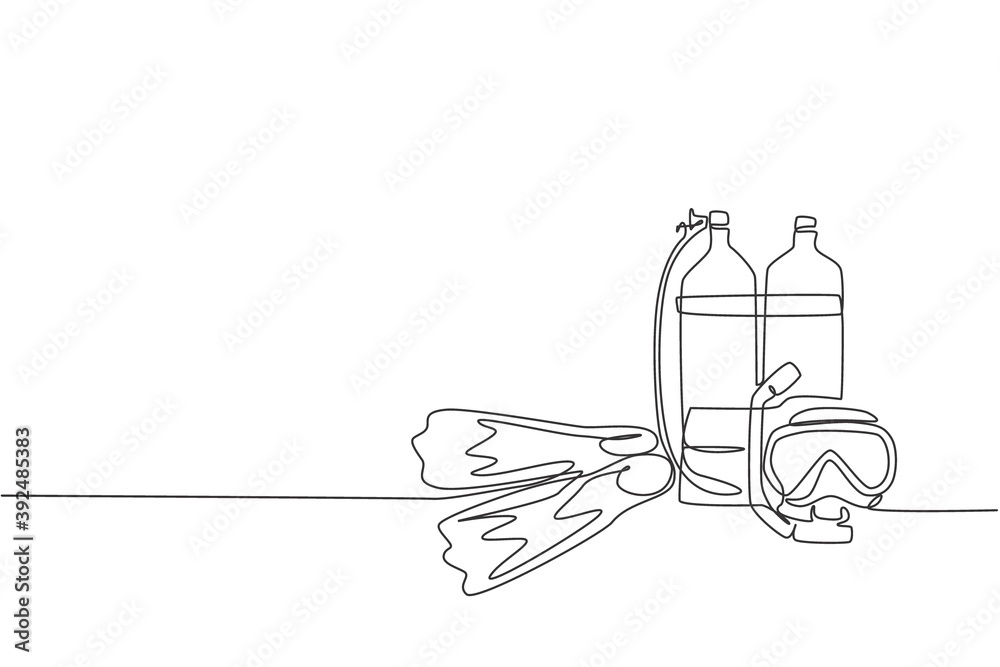 One continuous line drawing wetsuit, swimsuit, regulator, oxygen, mask, snorkel goggle and fins. Water sport scuba diving equipment concept. Dynamic single line draw design vector graphic illustration One continuous line drawing wetsuit, swimsuit, regulator, oxygen, mask, snorkel goggle and fins. Water sport scuba diving equipment concept. Dynamic single line draw design vector graphic illustration