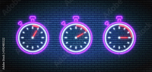 Neon stopwatch. Timers with 5, 10 and 15 minutes. Countdown timer icons set. Glowing bright clocks. Chronometer deadline. Vector illustration. Shiny indicators.
